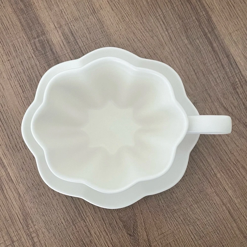 Flower Cup and Saucer Artisanal Porcelain Handmade White Tea Cup